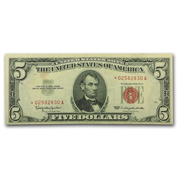 1963  $5.00 LINCOLN U.S. Note Red Seal AU LEGAL TENDER