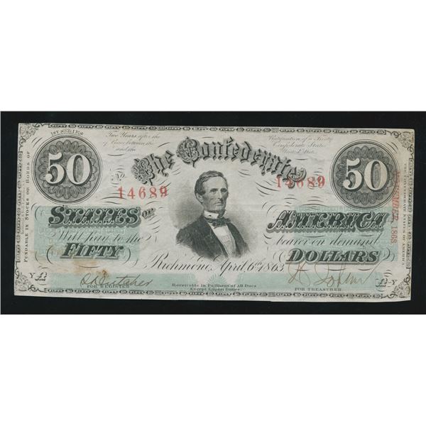 Confederate States of America, Issue of April 6th, 1863, ovpt. November, 1863, $50