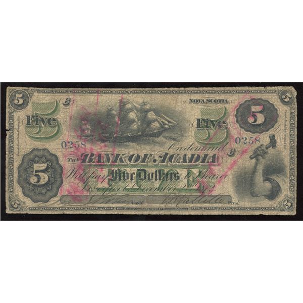 Bank of Acadia $5, 1872