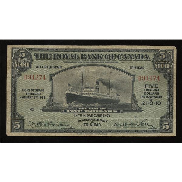 Royal Bank of Canada $5, 1938 - Trinidad