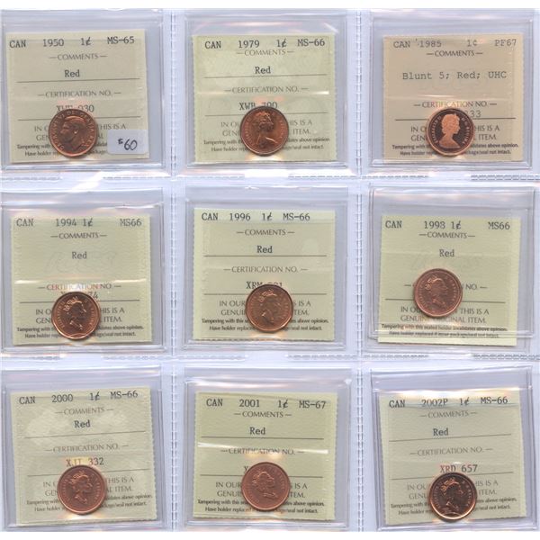 One Cent - Lot of 9 ICCS Graded Coins