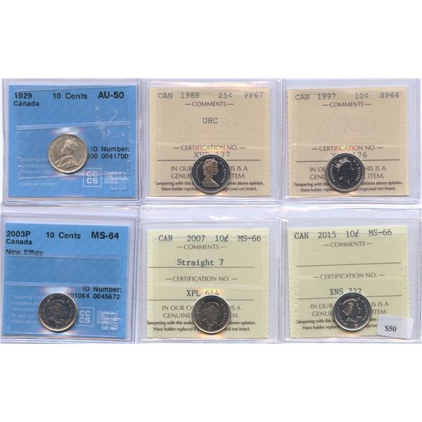 Ten Cents - Lot of 6 Graded Coins