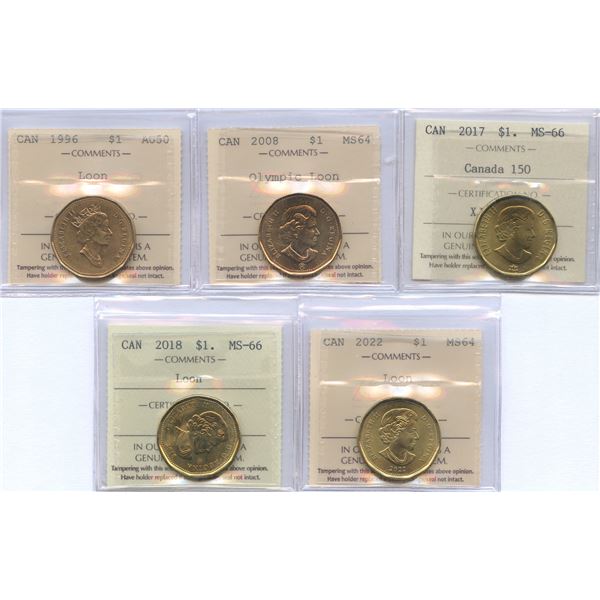 Lot of 5 ICCS Graded Loonies