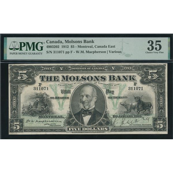 Molsons Bank $5, 1912