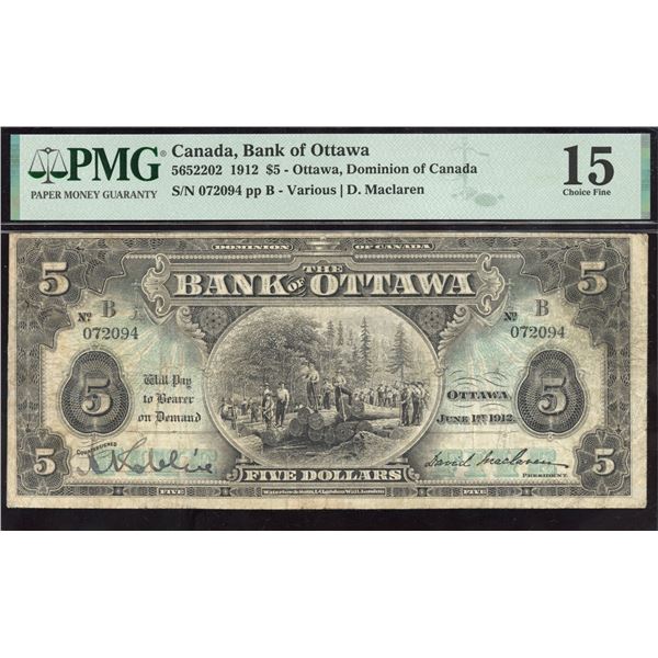 Bank of Ottawa $5, 1912