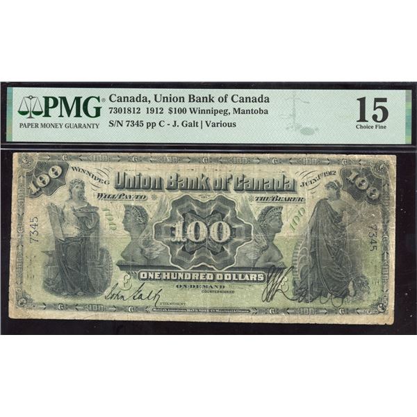 Union Bank of Canada $100, 1912