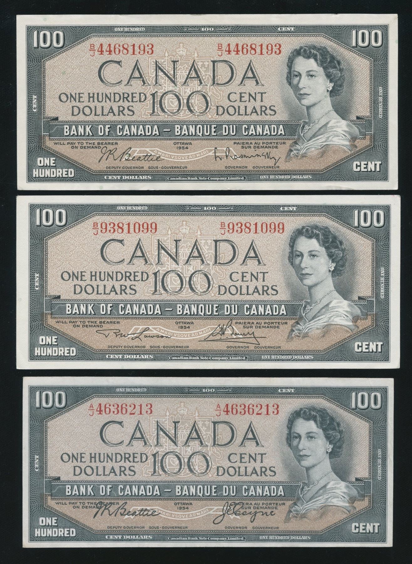 Bank of Canada $100, 1954 Banknote Set of 3 Signatures