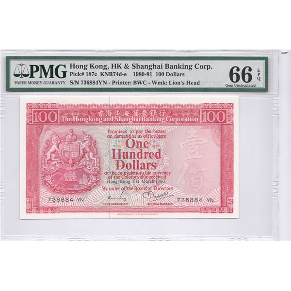 HK & Shanghai Banking Corp., 1980, $100, 736884 YN, PMG 66EPQ.