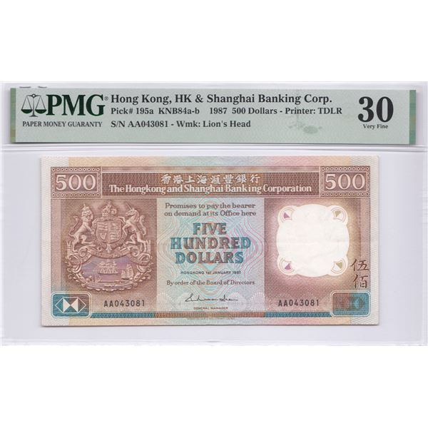 HK & Shanghai Banking Corp., 1987, $500, AA043081. PMG 30, Annotation.
