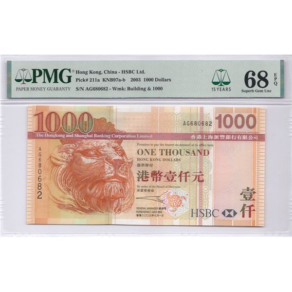 HK & Shanghai Banking Corp., 2003, $1000, AG680682. PMG 68EPQ.