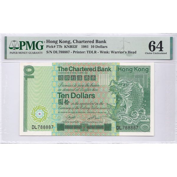 The Chartered Bank, 1981, $10, DL788887. PMG 64. Radar S/N.