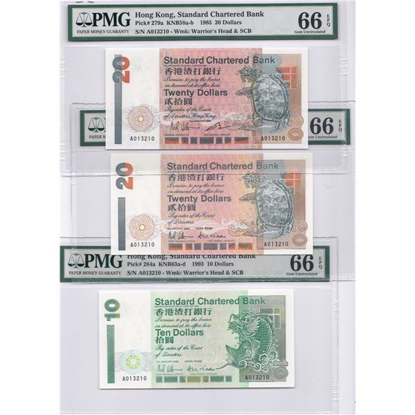 Standard Chartered Bank, Lot of 3, 1985 &1993, $10 A, $20 A& $20 A, Same S/N: A013210. All PMG 66EPQ