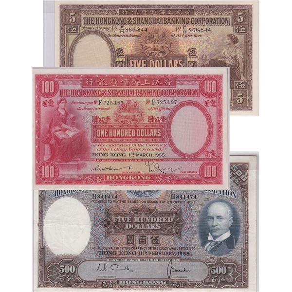 HK & Shanghai Banking Corp., lot of 3, 1955, 1956& 1968 $5, $100 & $500, F/H 866844, F725187 & H8414