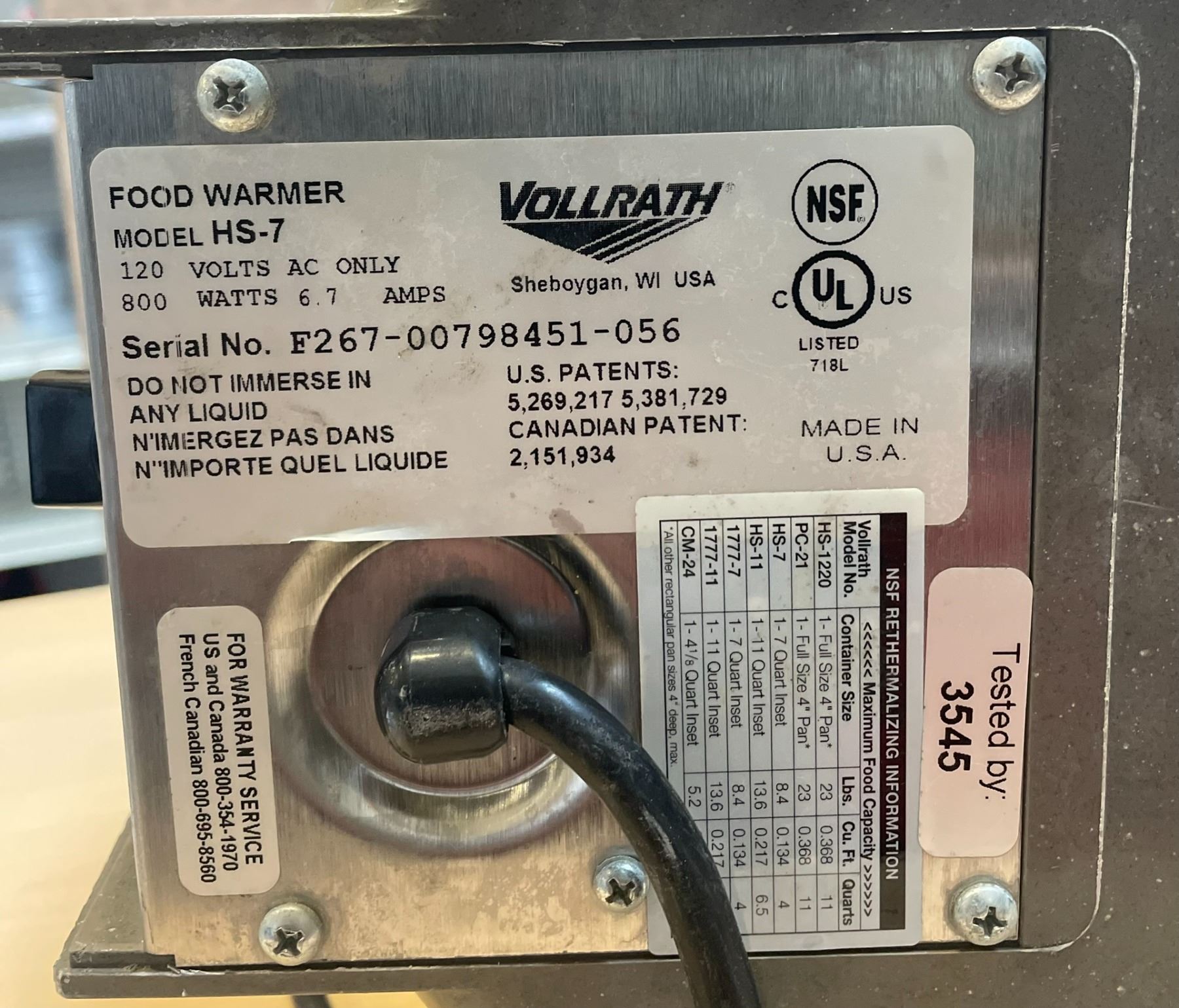 Vollrath Food/Soup Warmer Model HS7