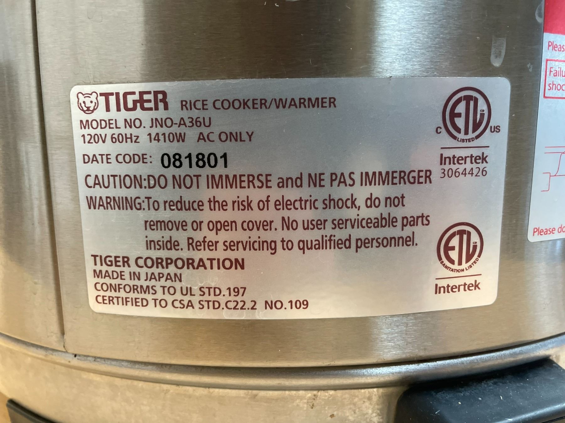 Tiger Rice Cooker/Warmer (as is) Model JNOA36U