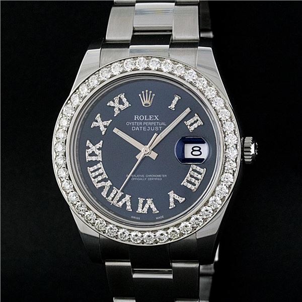 Rolex Mens Stainless Steel Blue Roman Diamond 41MM Datejust 2 Wristwatch