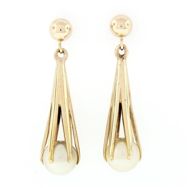 Vintage 14k Yellow Gold Claw Set 7.0mm Round Cultured Pearl Drop Dangle Earrings