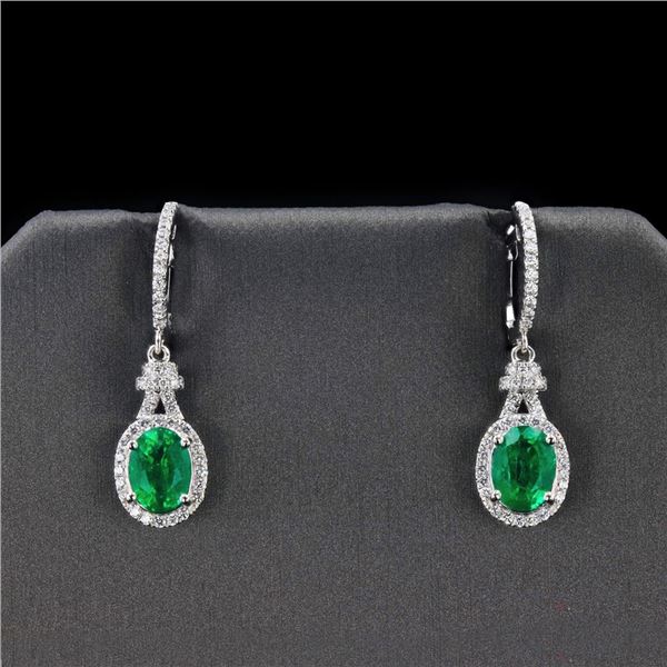 2.36 ctw Emerald and 0.37 ctw Diamond Dangle Platinum Earrings