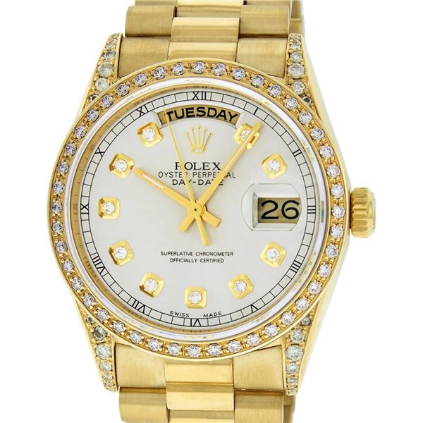 Rolex Mens 18K Yellow Silver Diamond Lugs Quickset President Wristwatch