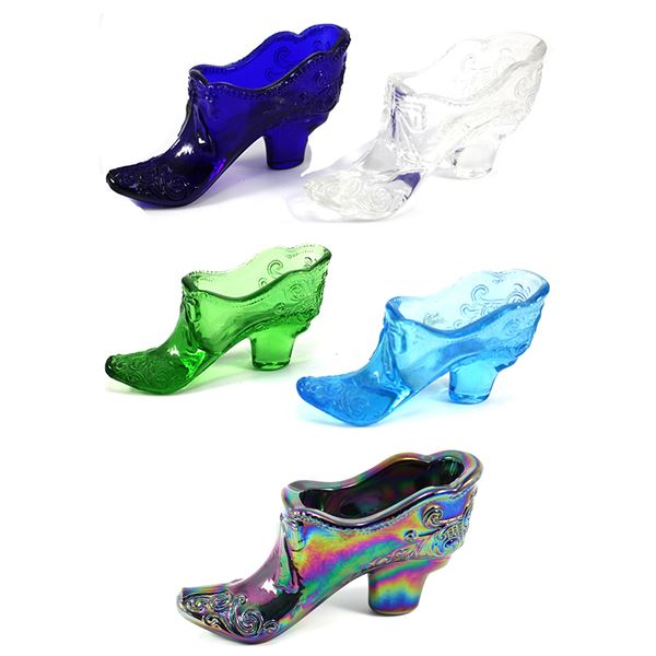 Lot of 5x Mosser Glass Company Glass Slippers with Bows and Decoration, All Different Colours. 5pcs