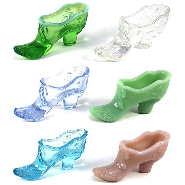 Lot of 6x Mosser Glass Company Glass Slippers with Bows and Decoration, All Different Colours. 6pcs