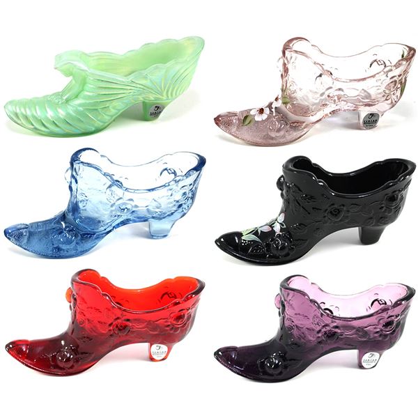 Lot of 6x Fenton Glass Slippers All Rosebud Design with One Cat Head, All Different Colours. 6pcs