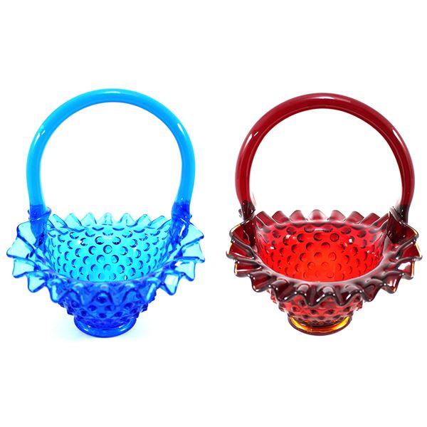 Pair of Fenton Glass Ruffled Hobnail Style Handled Baskets in Ruby Red and Colonial Blue. 2pcs