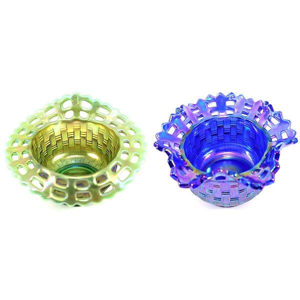 Pair of Fenton Glass Ruffled Basket Weave Style Carnival Glass Baskets in Green and Blue. 2pcs