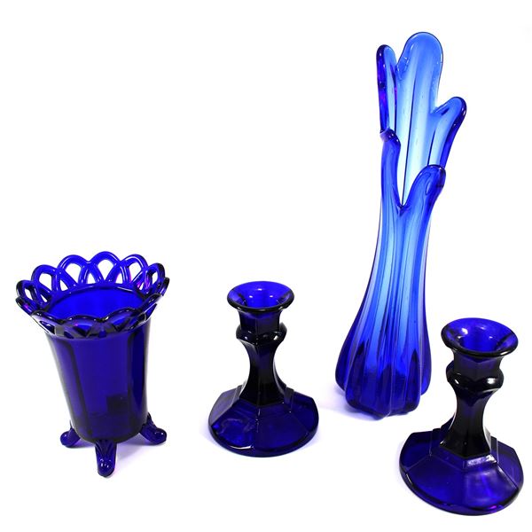 Lot - 3x Cobalt Blue Glass Pieces - 5 Finger Design Vase, Lace Design Spooner & Pair of Candle Holde
