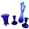 Image 1 : Lot - 3x Cobalt Blue Glass Pieces - 5 Finger Design Vase, Lace Design Spooner & Pair of Candle Holde