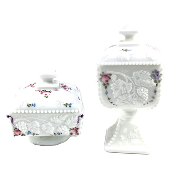 Vintage Westmoreland Milk Glass Beaded Candy Bowls with Lids, Grape Design & Handpainted Flowers. 2p