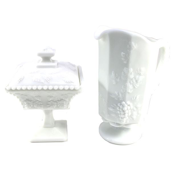 Vintage Westmoreland Milk Glass Beaded Grape Candy Bowl with Lid & Large Milk Glass Pitcher. 2pcs