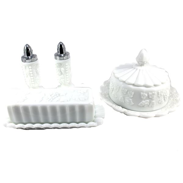 Vintage Westmoreland Milk Glass Paneled Grape Design Butter Dishes with Lids & Salt/Pepper Shakers. 