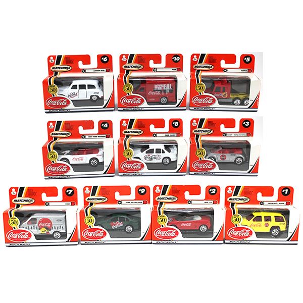 Matchbox 1982-2002 50th-Coca-Cola 2002 Mattel Wheels Complete Set of Die-Cast Vehicles. 10pcs.