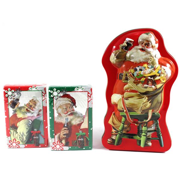 Coca Cola Santa Christmas Tin with 2x Sealed Bicycle Playing Card Decks