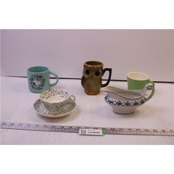 (3) Mugs, Cup and Saucer, and Gravy Boat