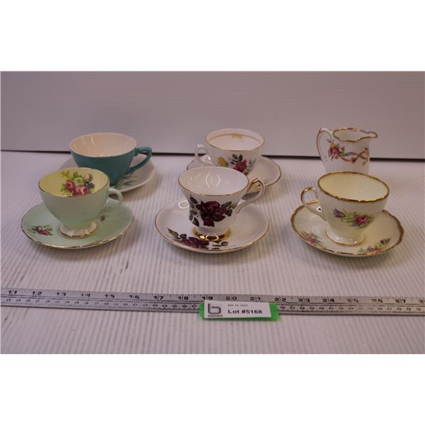 (5) Assorted Cup and Saucer Pairs + Cream Pitcher