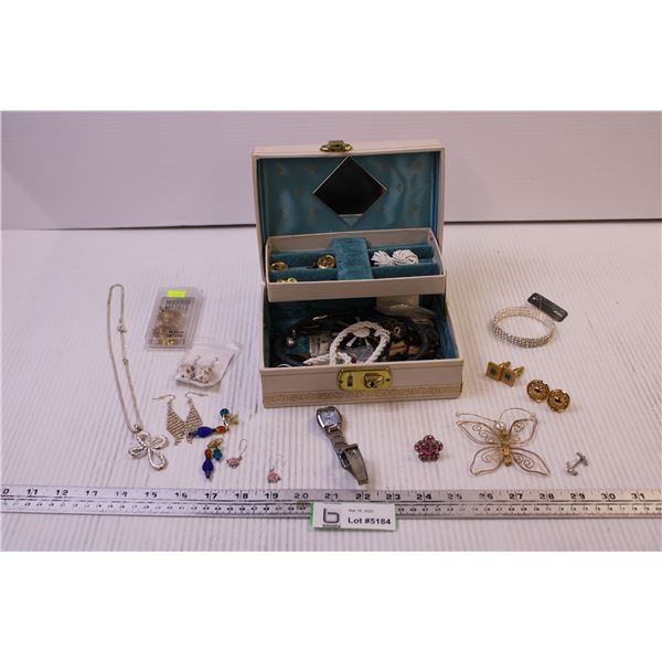 Jewellery Box w/ Mix of Costume Jewellery, Cufflinks, Gauge Earrings, and a Casio Watch