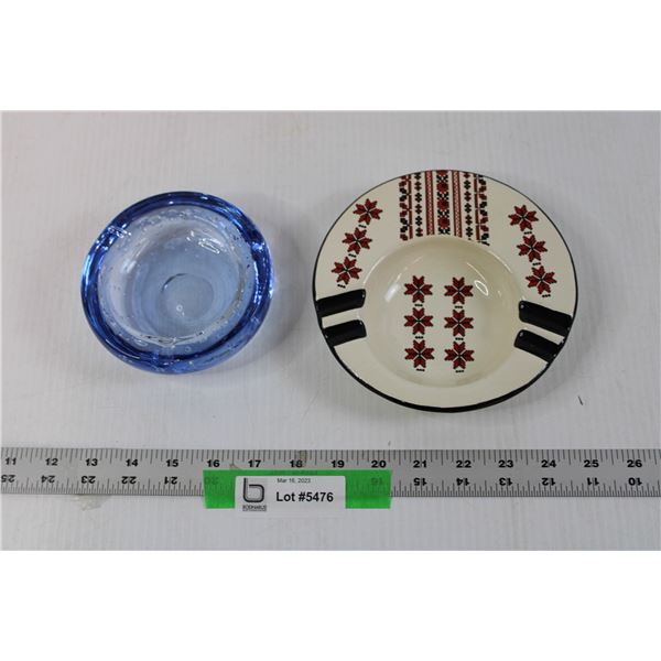 Ukrainian Ashtray and Blue Art Glass Ashtray