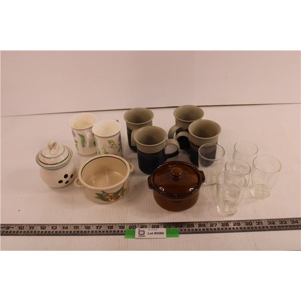 Assorted Pottery Coffee Cups + Glassware