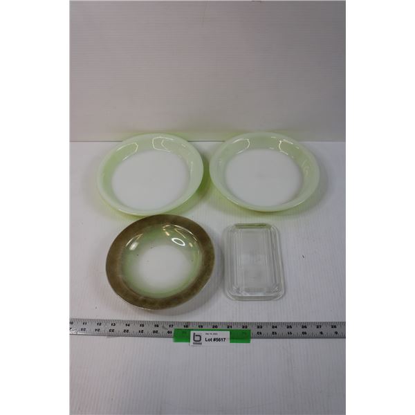 (2) Pyrex Dishes without Lids, Glass Duralex Lid and Misc. Bowl