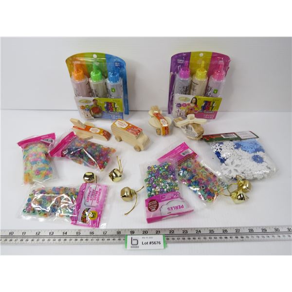 Lot of Craft Items - Beads - Bells - Wooden Toys