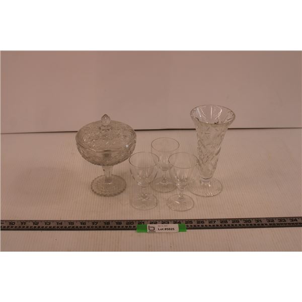 Etched Crystal Vase + (3) Desert Glasses & Candy Dish