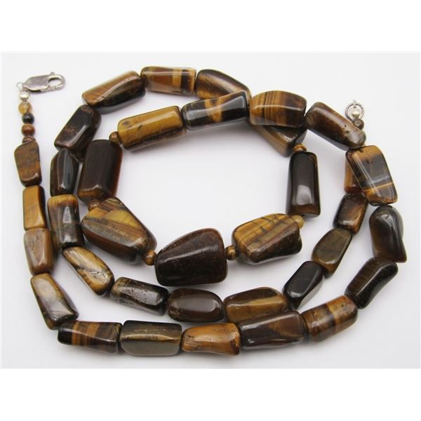 26 INCH TIGER EYE STONE NECKLACE WITH 925 CLASP