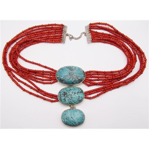 MULTI STRANDED RED CORAL BEADED NECKLACE WITH