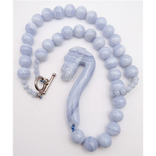 LACE AGATE GLASS BEADED NECKLACE WITH CARVED
