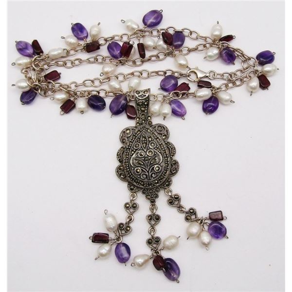 STERLING MARCASITE NECKLACE WITH CULTURED