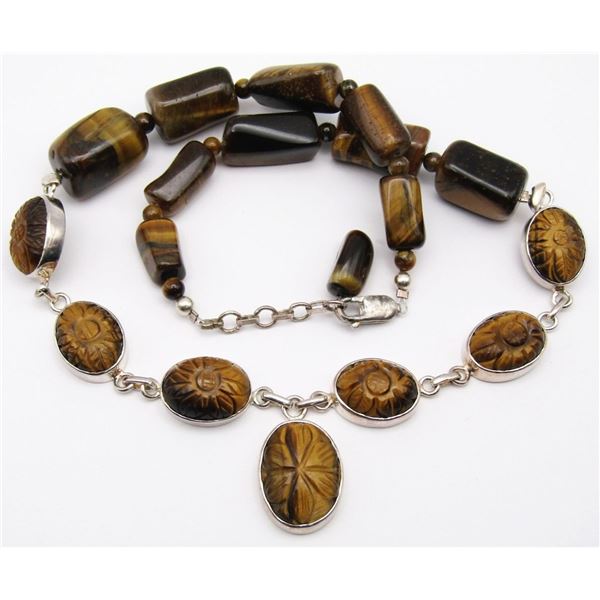 TIGER EYE STONE NECKLACE WITH CARVED FLOWER