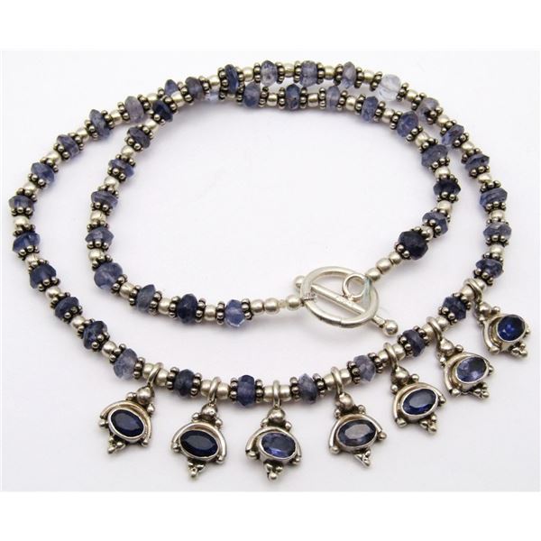 STERLING & LAPIS BEADED NECKLACE WITH DANGLY