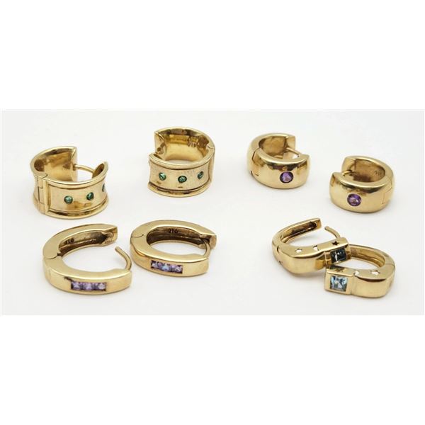 (4) PAIR 10k GOLD HOOP EARRINGS w/GEMSTONES